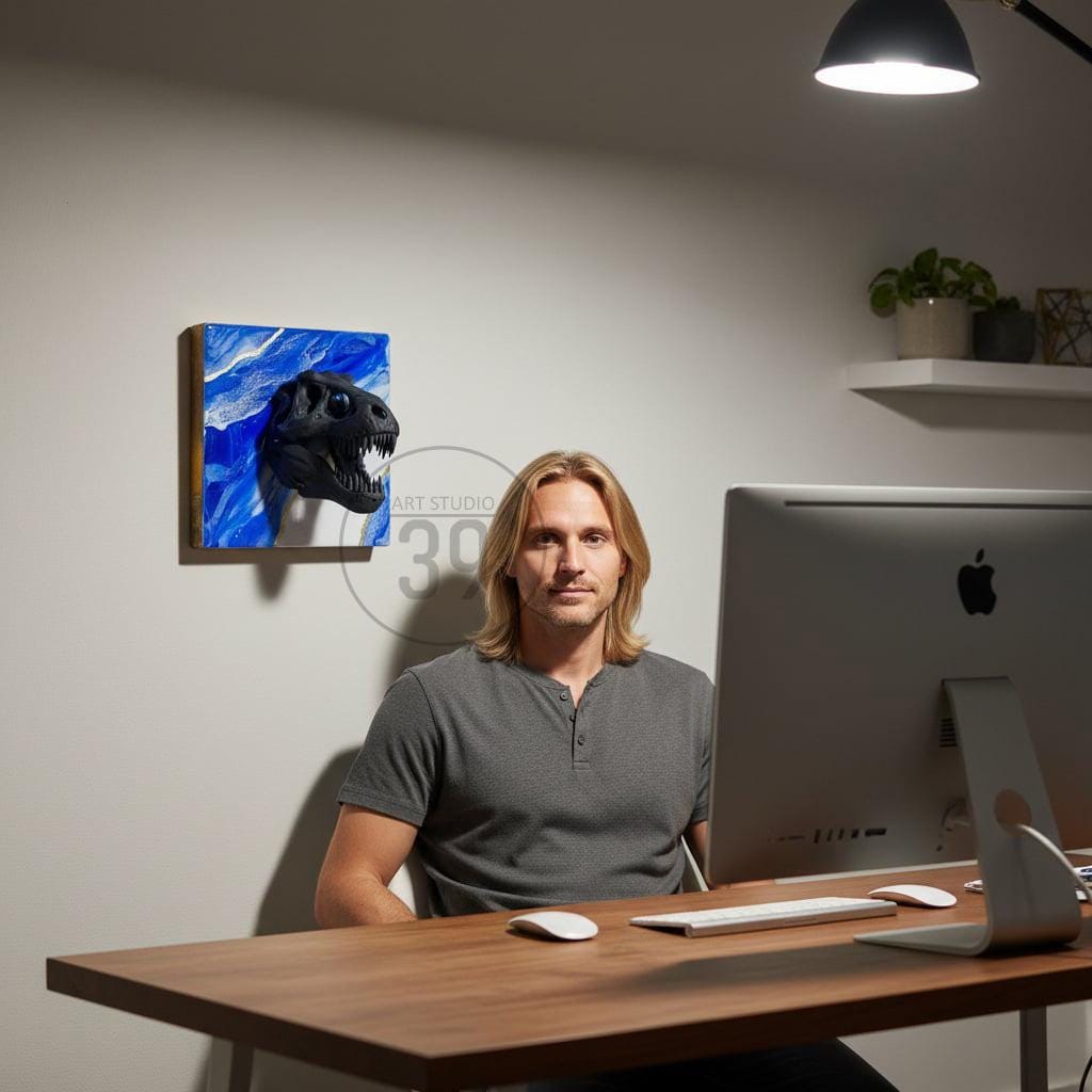 A black dinosaur skull sculpture mounted on a square canvas with blue and white abstract paint. The artwork is displayed on a white wall. The image also shows a person sitting at a desk with a computer.