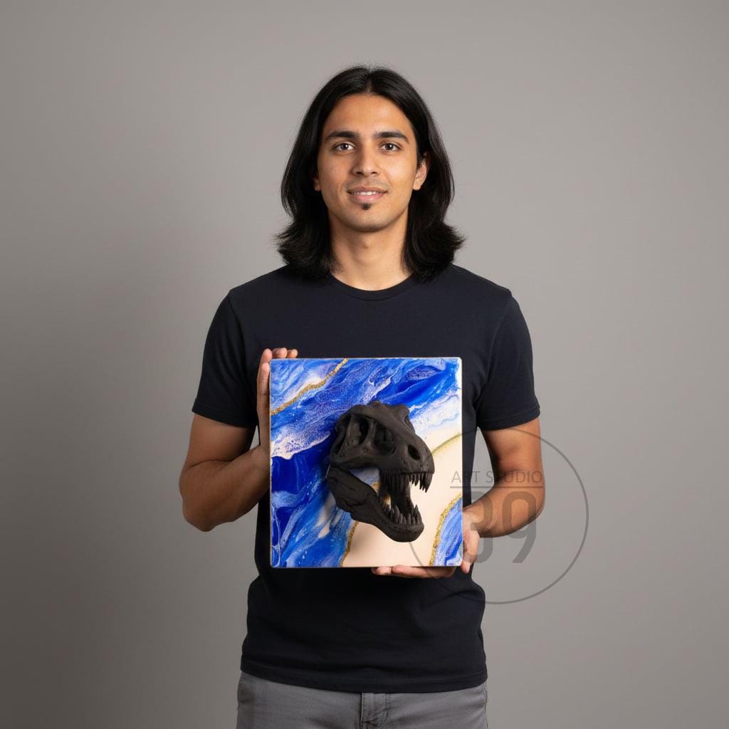 A black dinosaur skull sculpture mounted on a square canvas with a blue, white, and gold abstract design. The artwork is held by a person.
