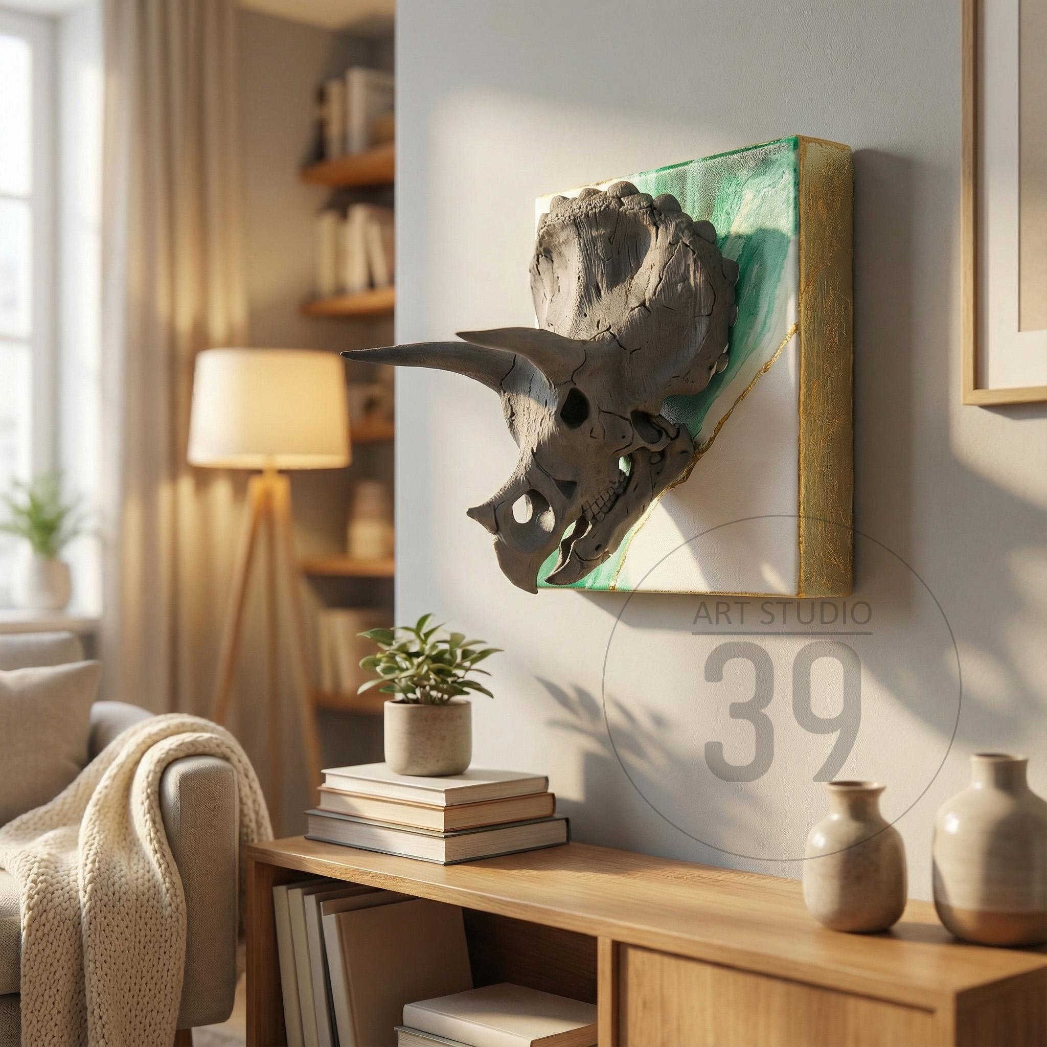 A gray triceratops skull sculpture mounted on a green and gold framed canvas. The artwork is displayed on a light gray wall. The text "ART STUDIO 39" is visible on the wall. The room has a neutral color palette.