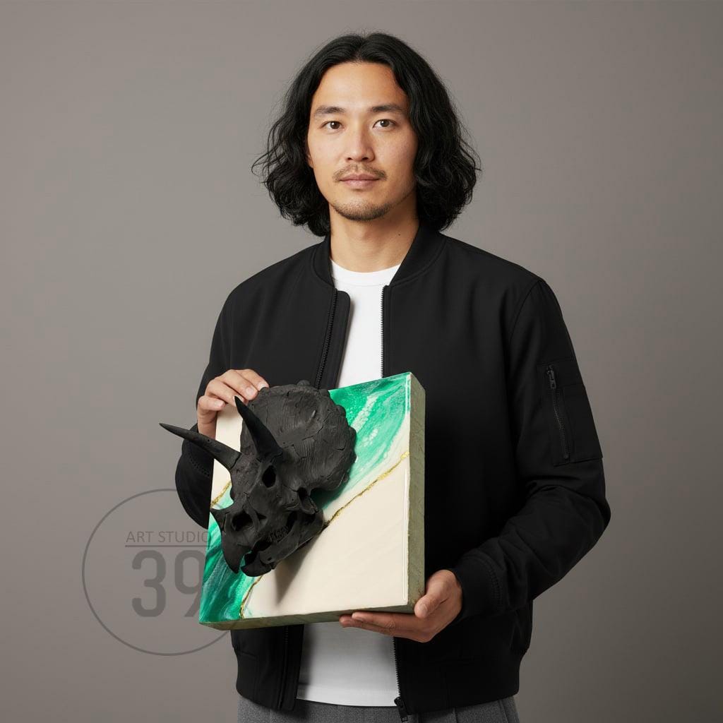 A black triceratops skull sculpture mounted on a square canvas with green and cream-colored paint. The artwork is held by a person wearing a black jacket. The art studio logo "39" is visible in the lower left corner.