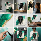 Black dinosaur skull sculpture mounted on a square canvas with a white background and green and gold abstract design. The artwork is displayed in various settings, including a living room and a studio.