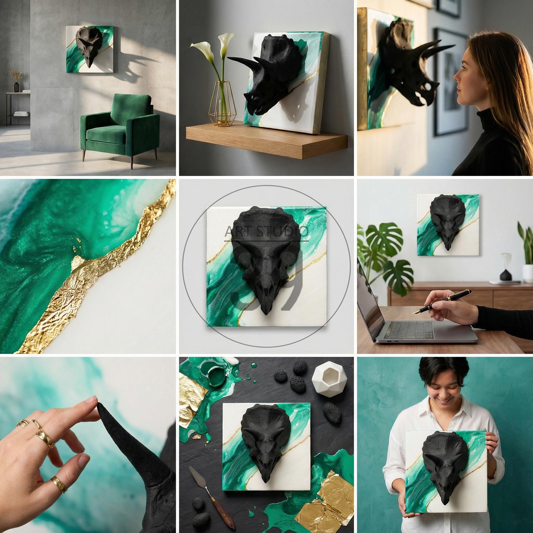 Black dinosaur skull sculpture mounted on a square canvas with a white background and green and gold abstract design. The artwork is displayed in various settings, including a living room and a studio.