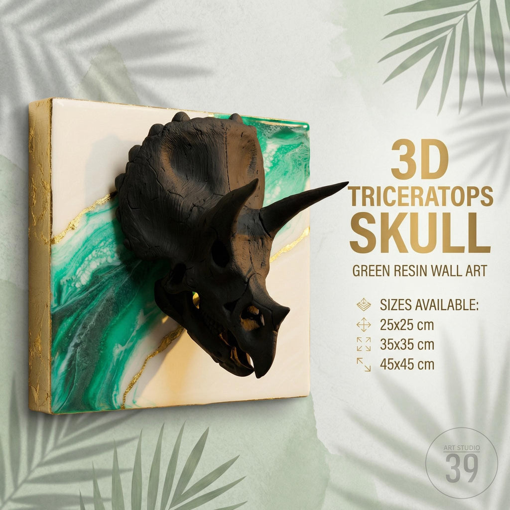 A black Triceratops skull sculpture mounted on a white and green resin background with gold accents. The artwork is labeled "3D Triceratops Skull Green Resin Wall Art" and available in 25x25 cm, 35x35 cm, and 45x45 cm sizes.