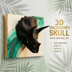 A black Triceratops skull sculpture mounted on a white and green resin background with gold accents. The artwork is labeled "3D Triceratops Skull Green Resin Wall Art" and available in 25x25 cm, 35x35 cm, and 45x45 cm sizes.