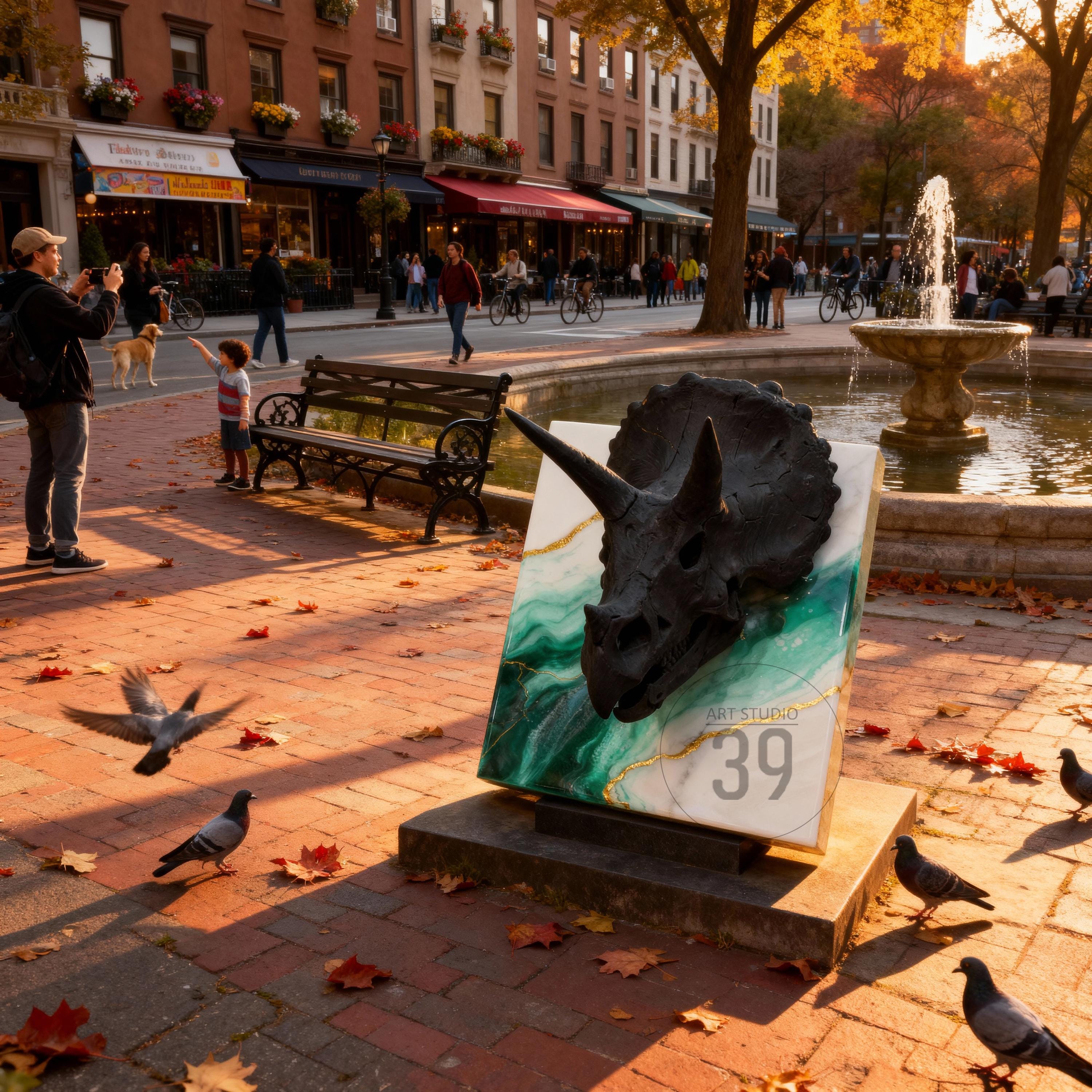 A bronze Triceratops head sculpture mounted on a marble-like surface with green and gold accents. The sculpture is displayed outdoors in a park setting, with the text "ART STUDIO 39" visible.