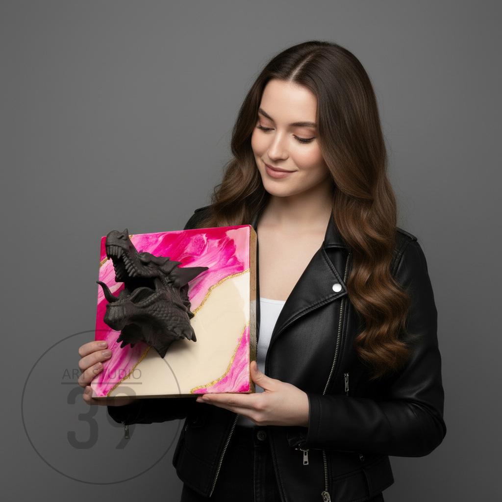 A dark gray dragon sculpture with an open mouth, mounted on a square canvas. The canvas features a pink and cream marbled design with gold accents. The artwork is held by a person.