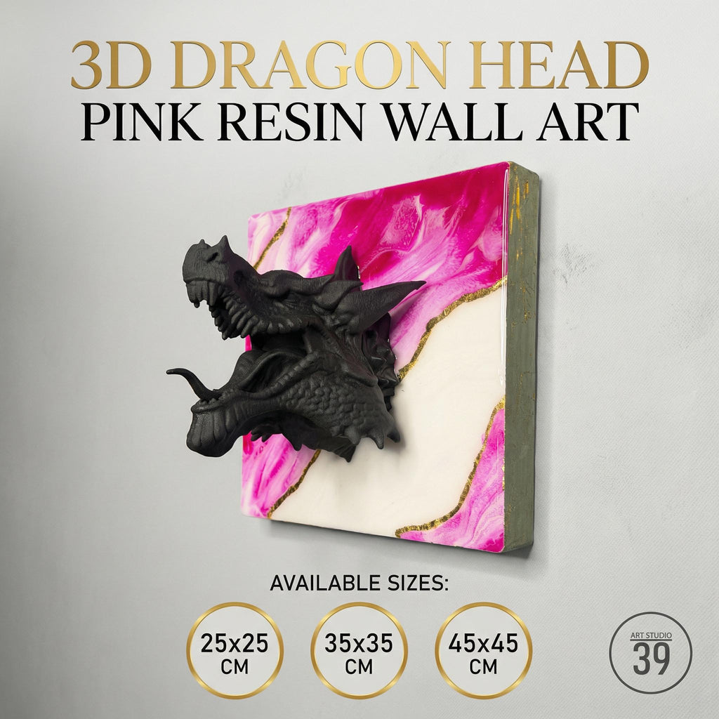 A black 3D dragon head sculpture mounted on a pink and white resin wall art piece. The artwork features gold accents and is available in 25x25 cm, 35x35 cm, and 45x45 cm sizes. The text "3D DRAGON HEAD PINK RESIN WALL ART" is at the top.
