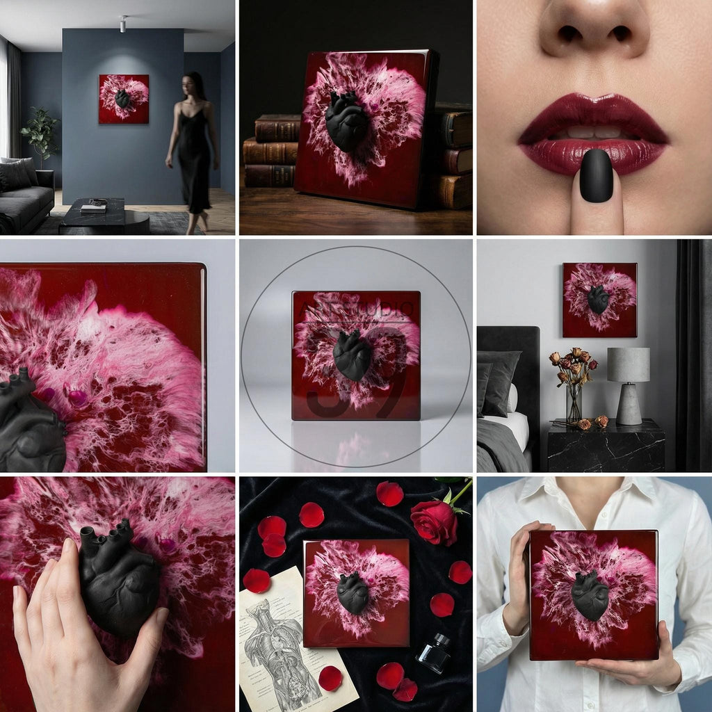 Square wall art featuring a black anatomical heart sculpture against a red and pink abstract background. The artwork is displayed in various settings, including a living room and a bedroom, and is shown in close-up shots.