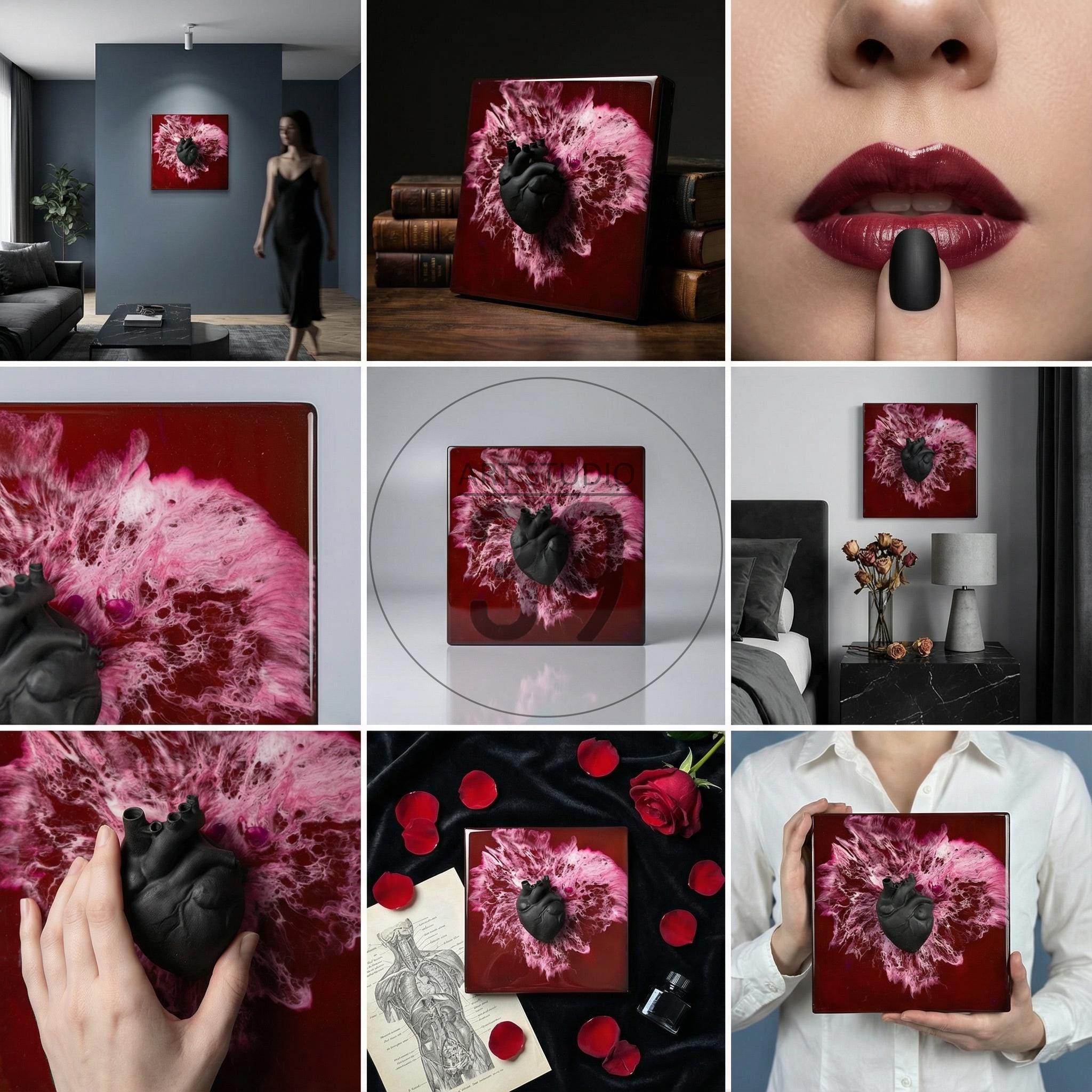 Square wall art featuring a black anatomical heart sculpture against a red and pink abstract background. The artwork is displayed in various settings, including a living room and a bedroom, and is shown in close-up shots.