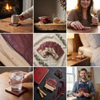 A collection of handcrafted wooden coasters with a rich burgundy and natural wood grain design. The coasters are square-shaped and appear to be made of a combination of wood and resin. They are shown in various settings, suggesting their use for drinks and home decor.