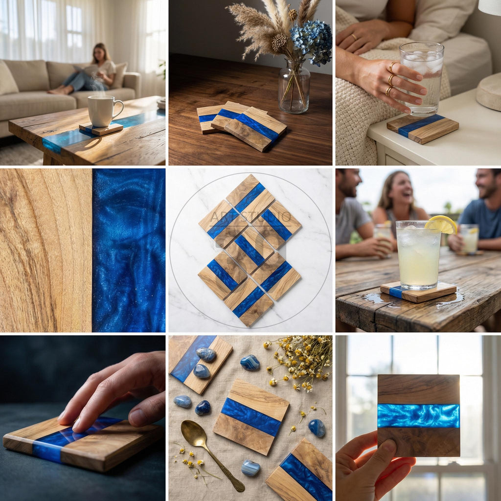 Wooden coasters with a blue resin inlay. The coasters are square and made of light-colored wood with a vibrant blue stripe of resin. The resin has a glossy, flowing appearance. The coasters are shown in various settings.