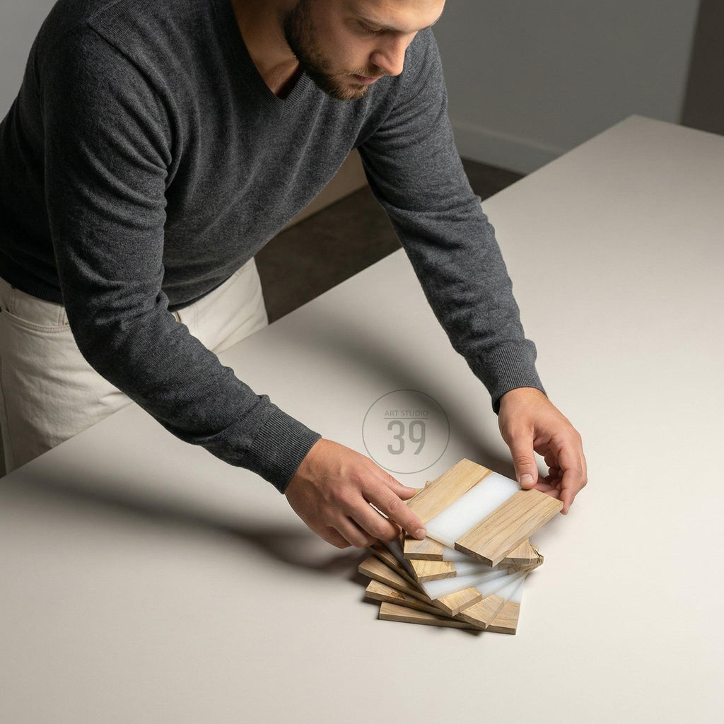 A person arranging a stack of wooden coasters with a white stripe. The coasters are made of light-colored wood and have a rectangular shape. The image includes the text "ART STUDIO 39".