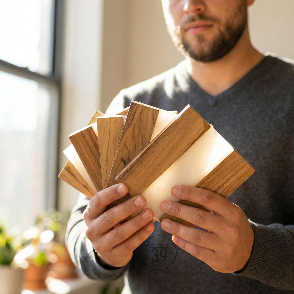 A collection of wooden coasters with a light-colored resin stripe. The coasters are made of light and dark brown wood. The coasters are held in a fan shape, showcasing the different designs and materials.
