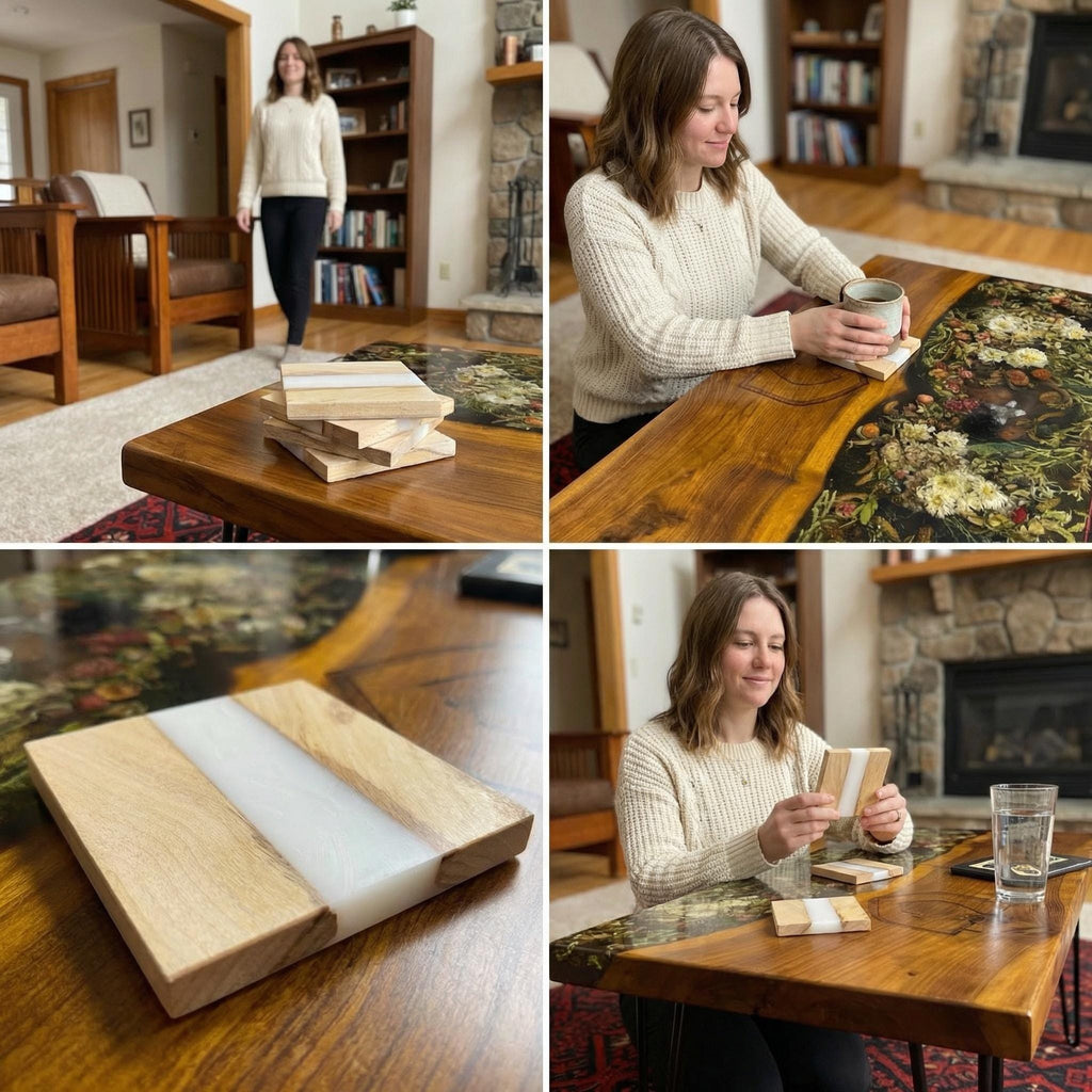 Wooden coasters with a white resin stripe. The coasters are made of light-colored wood and are square-shaped. A stack of coasters sits on a dark wood table. The coasters are a decorative and functional home accessory.