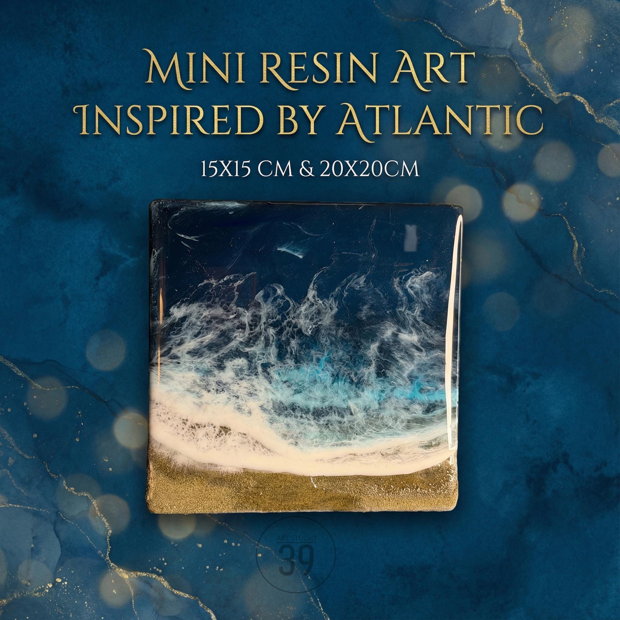 Mini resin art inspired by the Atlantic. The square artwork features a depiction of ocean waves with white foam, turquoise water, and a golden sand beach. The artwork is available in 15x15 cm and 20x20 cm sizes.
