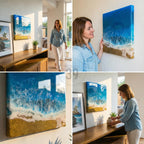 Square resin art piece depicting an ocean scene with blue waves, white foam, and golden sand. The artwork is displayed on a white wall. The image also shows a woman in a denim shirt and white pants.