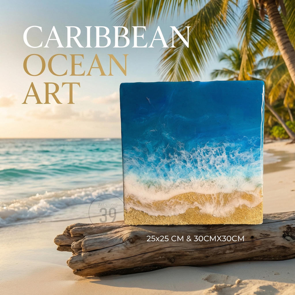 Square Caribbean Ocean Art piece, 9.8 x 9.8 inches, featuring a vibrant depiction of ocean waves and sandy beach. The artwork has a gold glitter base and is displayed on a piece of driftwood on a beach.