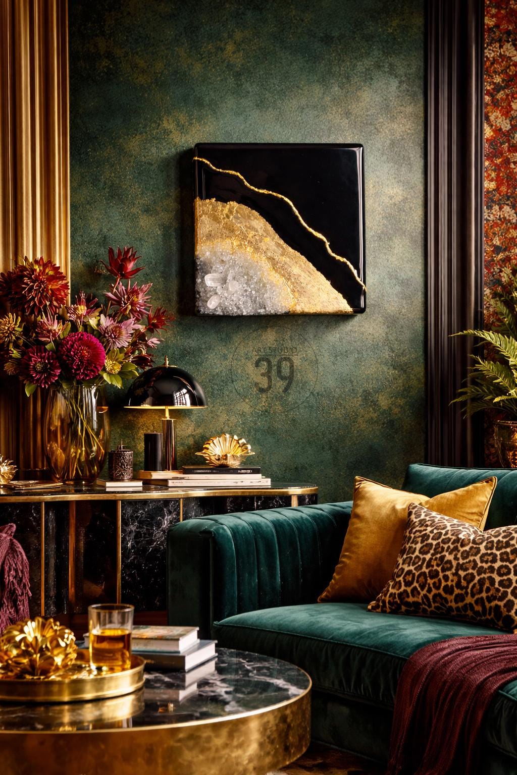 A luxurious living room with a dark green velvet sofa and gold accents. A black and gold abstract art piece hangs on the wall. Decorative pillows in gold and leopard print add texture. A gold-trimmed table holds a lamp and books.
