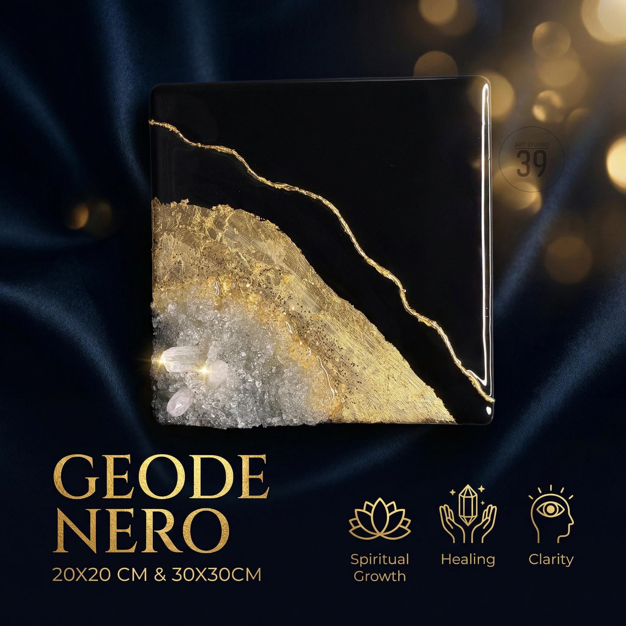 A square, black decorative piece with gold accents and a geode design. The geode features gold glitter and clear crystals. The text "GEODE NERO" is displayed in gold, along with the dimensions 20x20 cm &amp; 30x30cm.