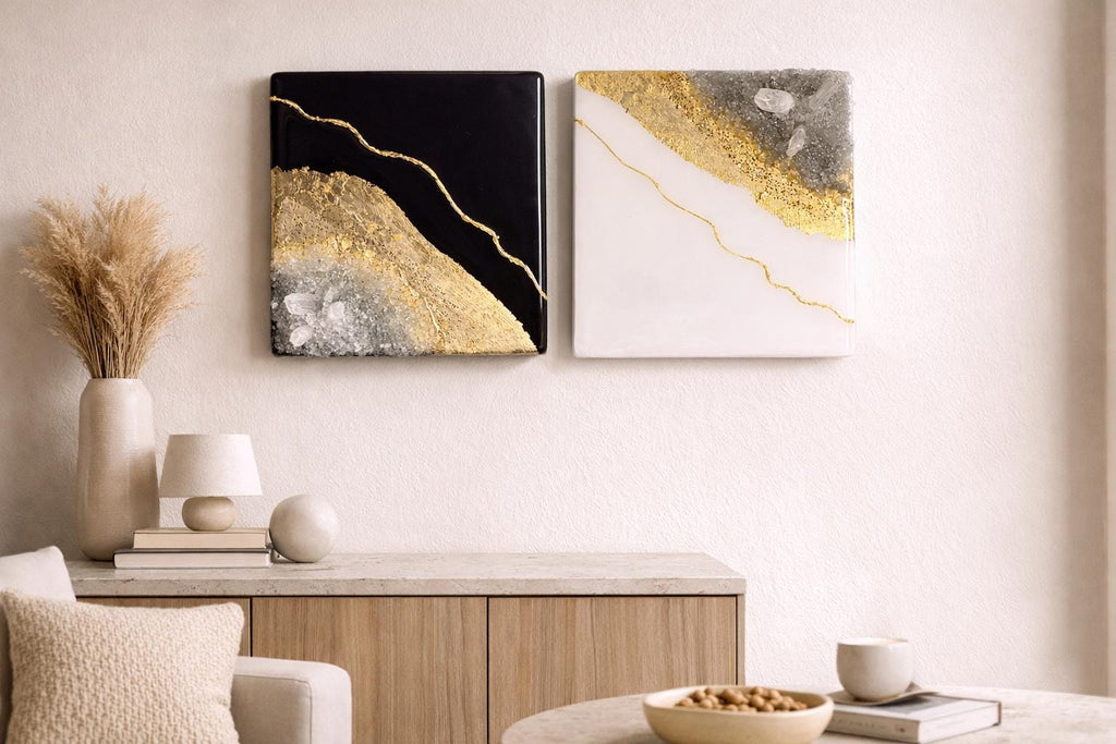 Handcrafted White Resin Wall Art, Clear Quartz, Gold Leaf Geode