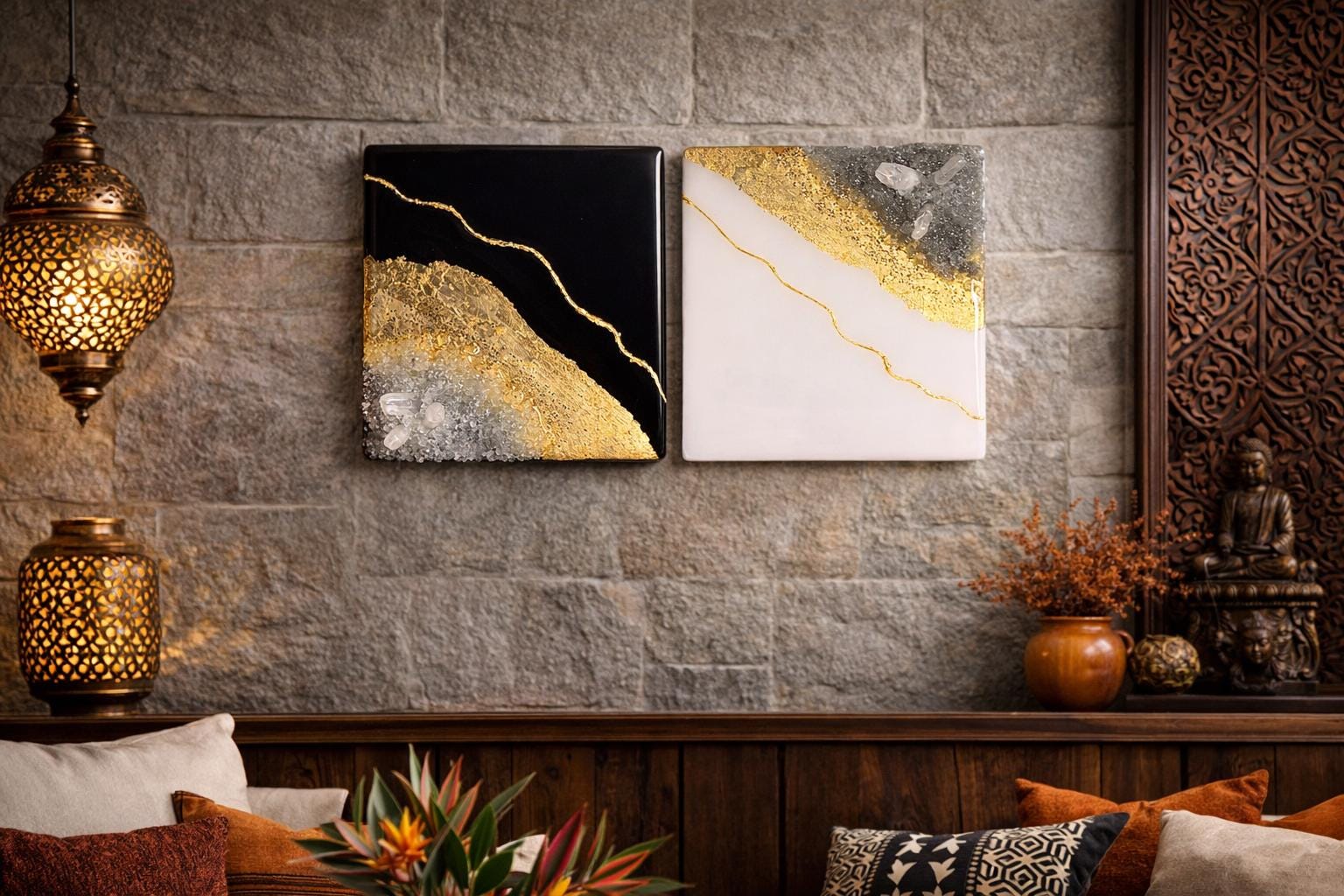 Handcrafted White Resin Wall Art, Clear Quartz, Gold Leaf Geode