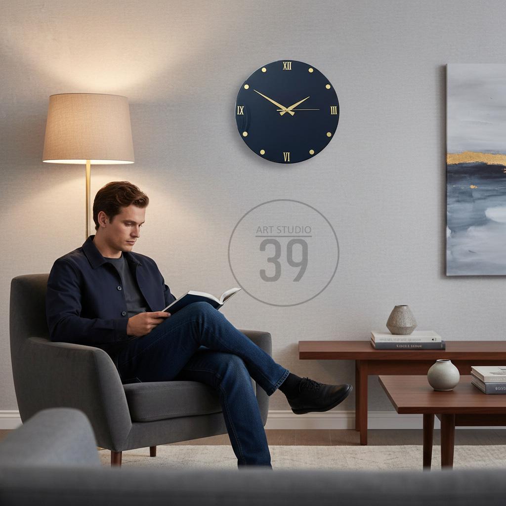 A navy blue wall clock with gold-colored hands and Roman numerals. The clock is round and mounted on a light gray wall. The image also shows a person reading a book in a gray armchair.