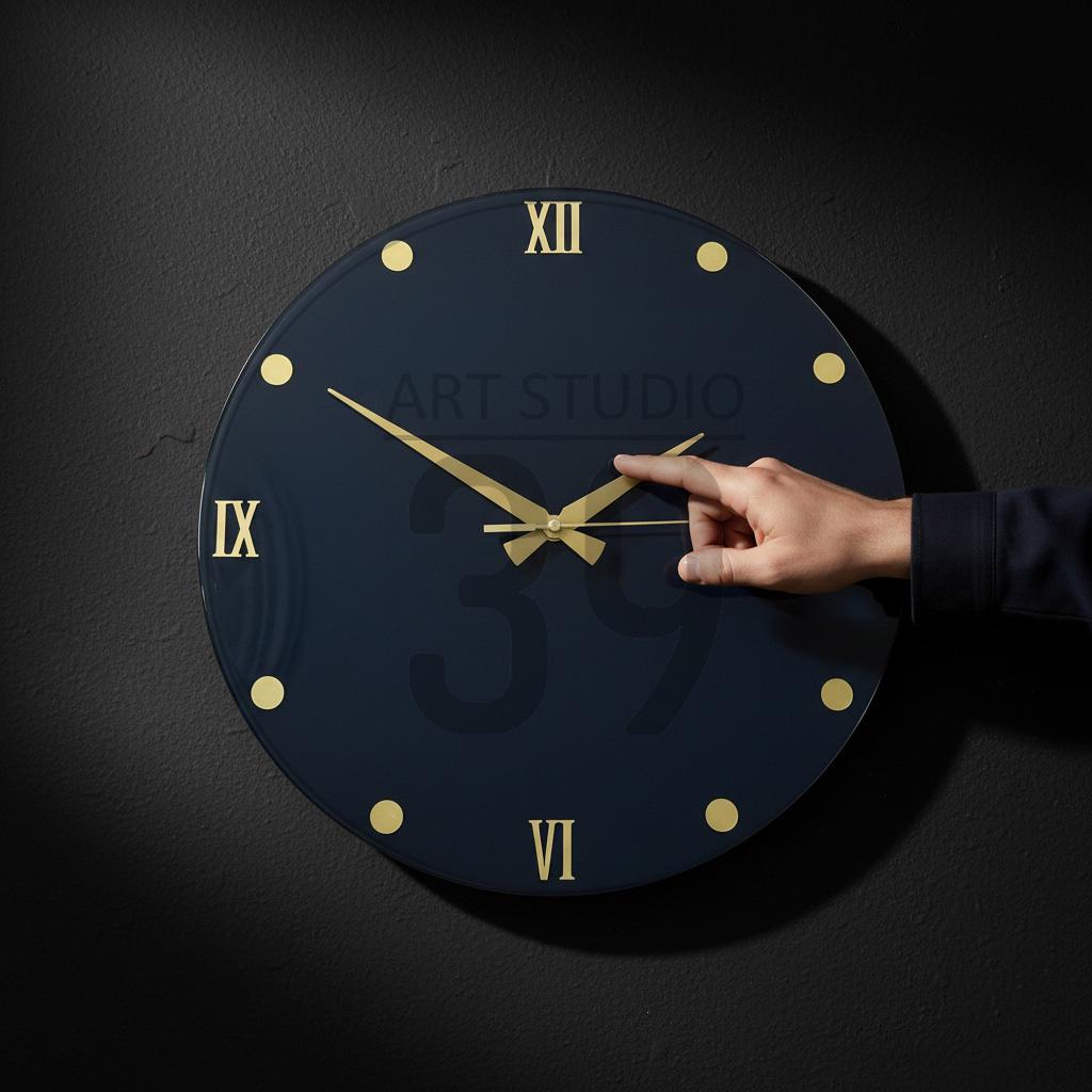 A navy blue wall clock with gold-colored hands and hour markers. The clock face features the text "ART STUDIO" and the number "39". A hand is touching the clock's hands.