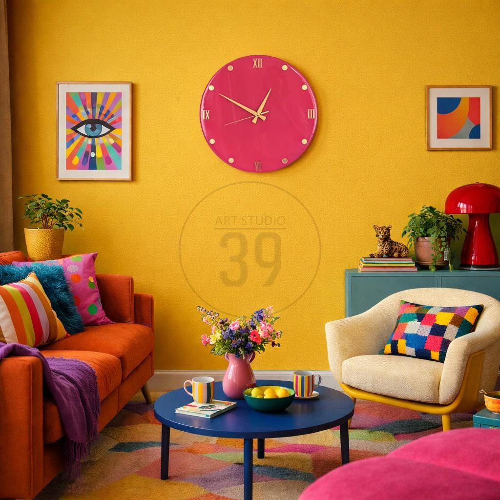 A vibrant living room with a yellow wall, featuring a magenta clock, colorful artwork, and an orange sofa with patterned pillows. A blue coffee table holds a pink vase and striped mugs. The room has a modern, eclectic style.