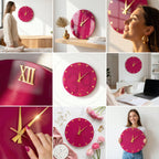 A round, magenta wall clock with gold-colored Roman numerals and hands. The clock is displayed on a white wall, and the design is modern and minimalist. The clock's diameter is approximately 12 inches.