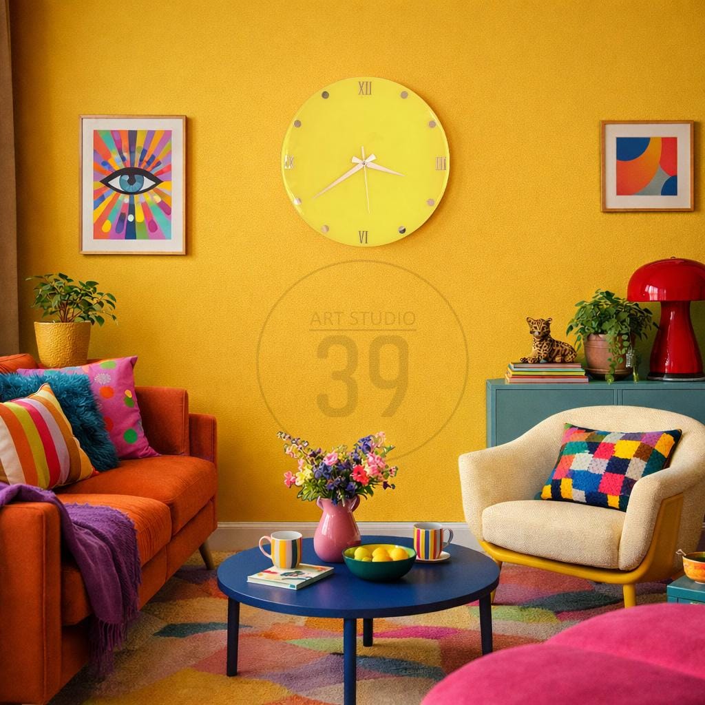 A vibrant living room with a yellow wall, featuring an orange sofa with colorful pillows, a blue coffee table, and a yellow clock. Artwork and a red lamp add to the decor. The room has a modern, eclectic style.
