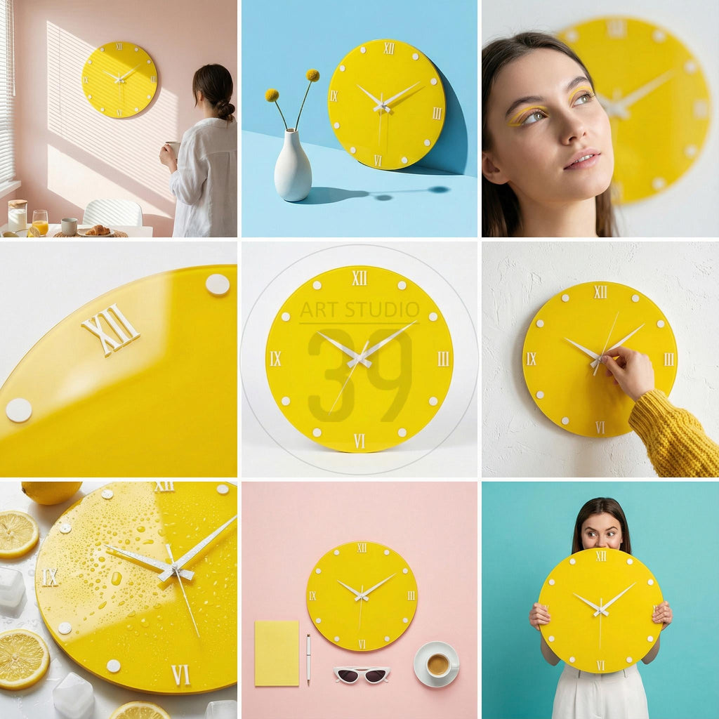 Bright yellow wall clock with white hands and Roman numeral hour markers. The clock has a modern design and is a vibrant accent piece for any room. The clock is approximately 12 inches in diameter.