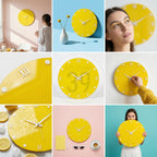 Bright yellow wall clock with white hands and Roman numeral hour markers. The clock has a modern design and is a vibrant accent piece for any room. The clock is approximately 12 inches in diameter.