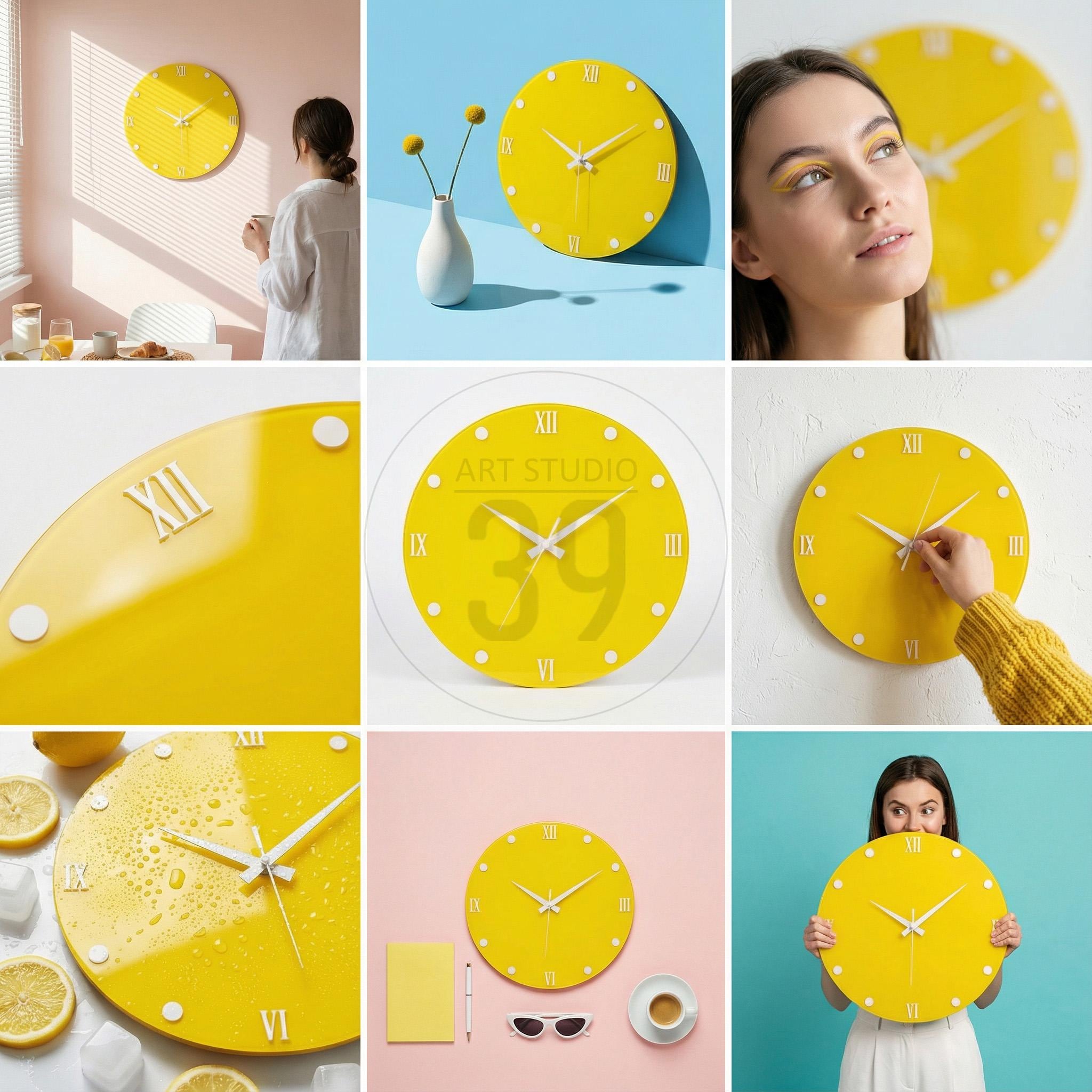 Bright yellow wall clock with white hands and Roman numeral hour markers. The clock has a modern design and is a vibrant accent piece for any room. The clock is approximately 12 inches in diameter.