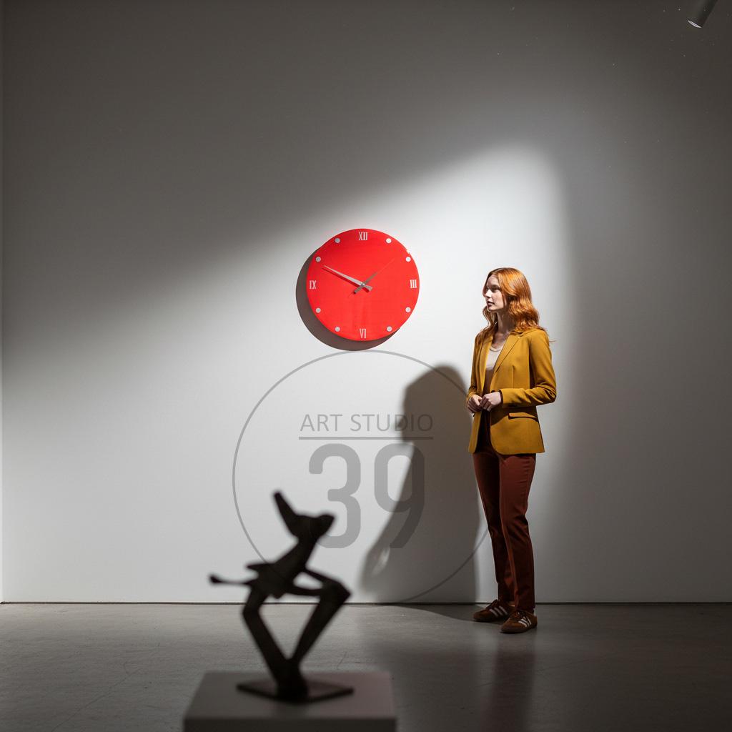 A red wall clock with Roman numerals hangs on a white wall. A woman in a mustard-colored blazer and brown pants stands nearby. A dark sculpture sits on a pedestal in the foreground. The words "ART STUDIO 39" are on the wall.