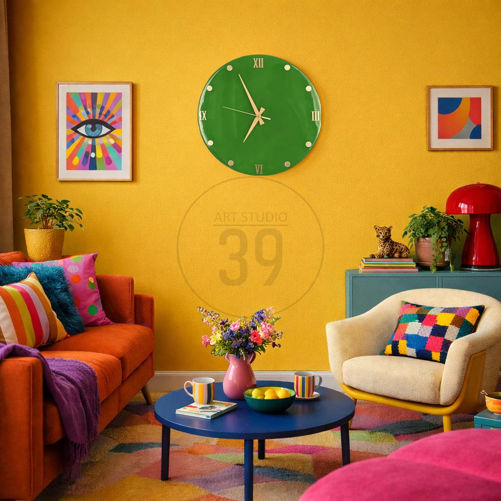 A vibrant living room with a yellow wall, featuring a green clock, colorful artwork, and an orange sofa with patterned pillows. A blue coffee table holds flowers and cups, creating a lively and artistic space.