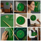 A collection of images showcasing a green wall clock with gold-colored hands and Roman numerals. The clock is round and appears to be made of a glossy material. The images highlight the clock in various settings, including on a wall and held by a person.