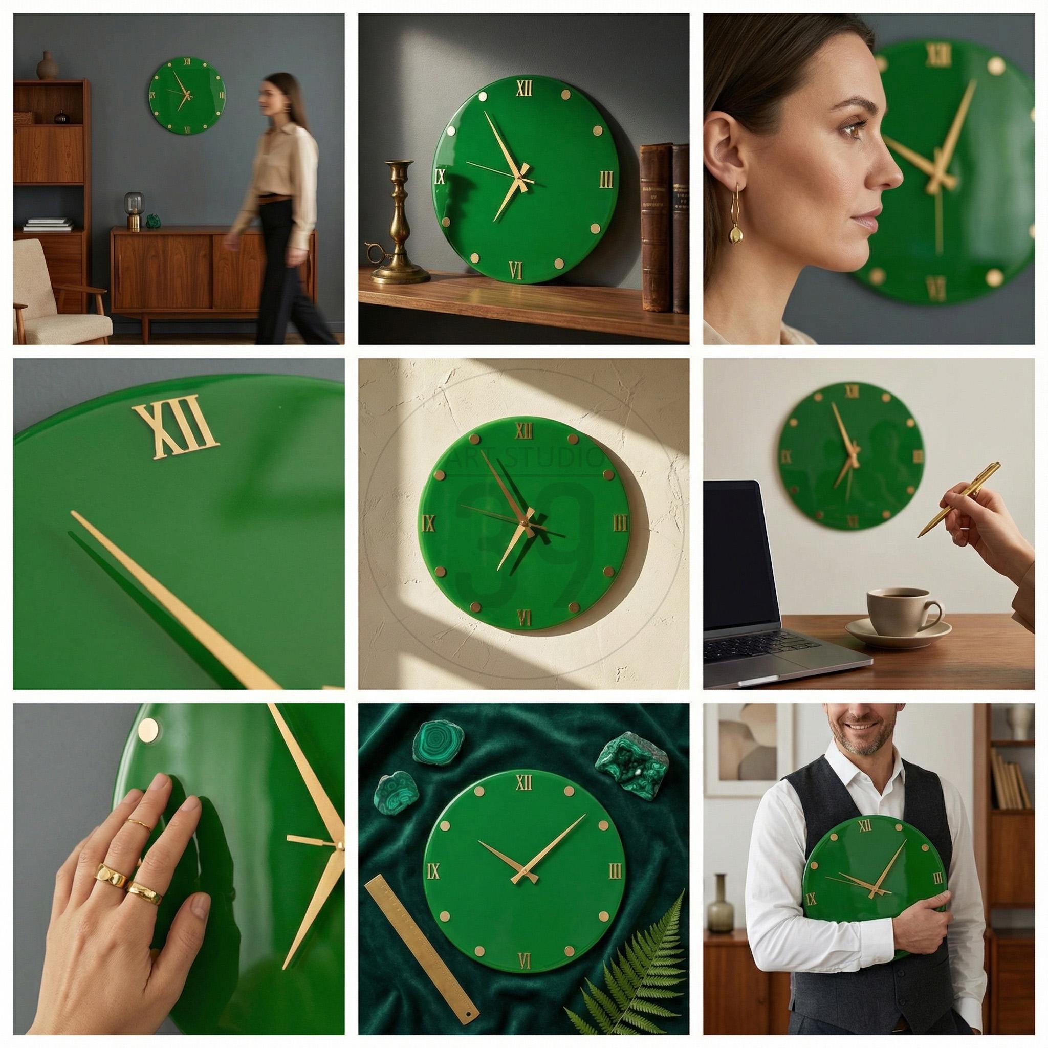 A collection of images showcasing a green wall clock with gold-colored hands and Roman numerals. The clock is round and appears to be made of a glossy material. The images highlight the clock in various settings, including on a wall and held by a person.