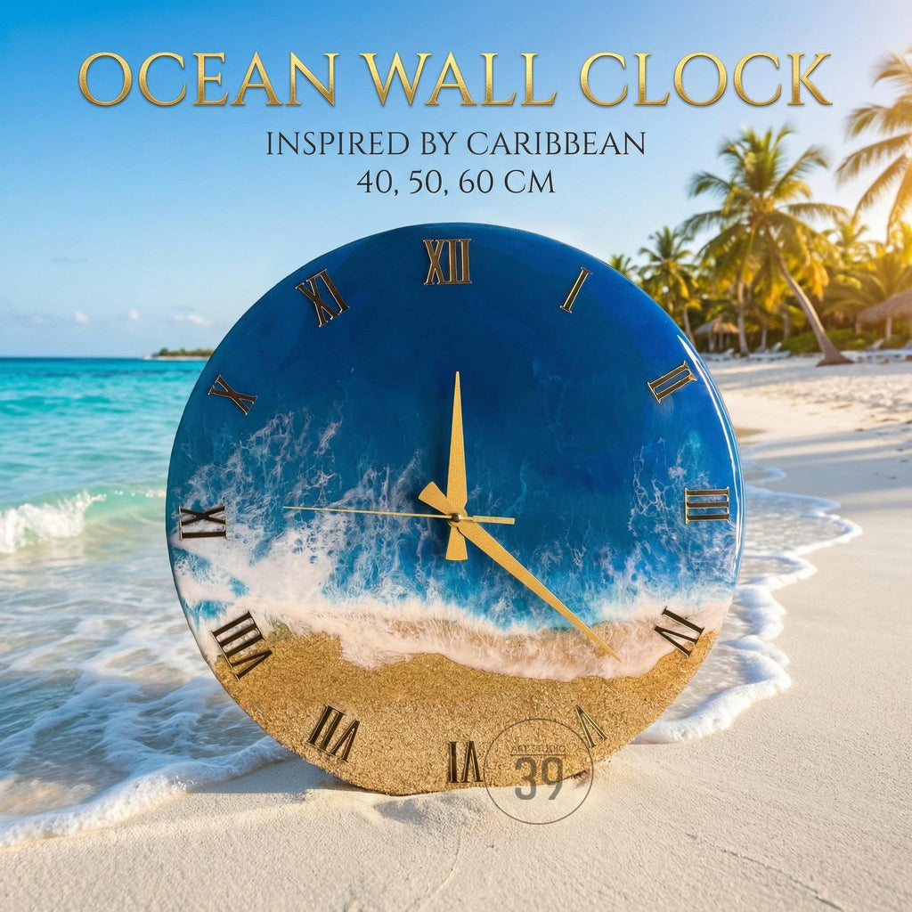 Ocean-themed wall clock with a blue and gold design. The clock face features a depiction of ocean waves and sand, with gold Roman numerals and hands. The clock is available in 40, 50, and 60 cm sizes.