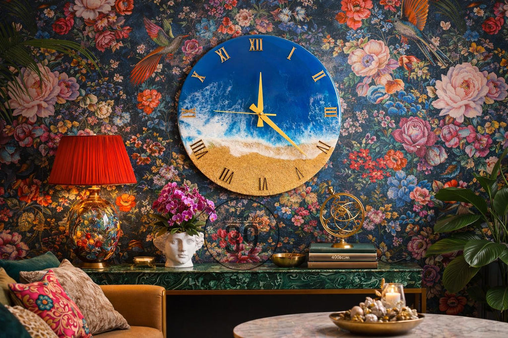 A round wall clock with a blue and gold beach design. The clock has gold Roman numerals and hands. The clock is mounted on a floral wallpaper background. A red lamp and other decorative items are in the foreground.