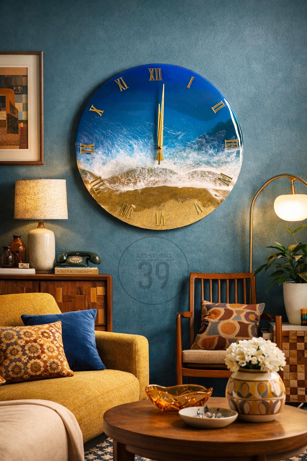 A large, round wall clock with a beach-themed design. The clock face features a blue ocean and sandy beach, with gold Roman numerals and hands. The clock is hanging on a blue wall in a living room setting.