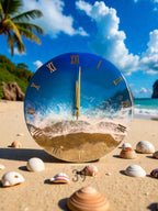 Round wall clock with a beach scene design. The clock face features a blue ocean and sandy beach with gold Roman numerals and hands. The clock is surrounded by seashells on a sandy surface.