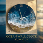 Round wall clock with a blue ocean design, featuring white foamy waves and a sandy beach. The clock has silver Roman numerals and hands. The text "OCEAN WALL CLOCK" is displayed below the clock.
