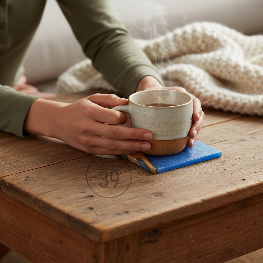 A speckled ceramic mug with a brown base, filled with a hot beverage, rests on a blue coaster. Steam rises from the mug, suggesting warmth. The mug is held over a wooden table.