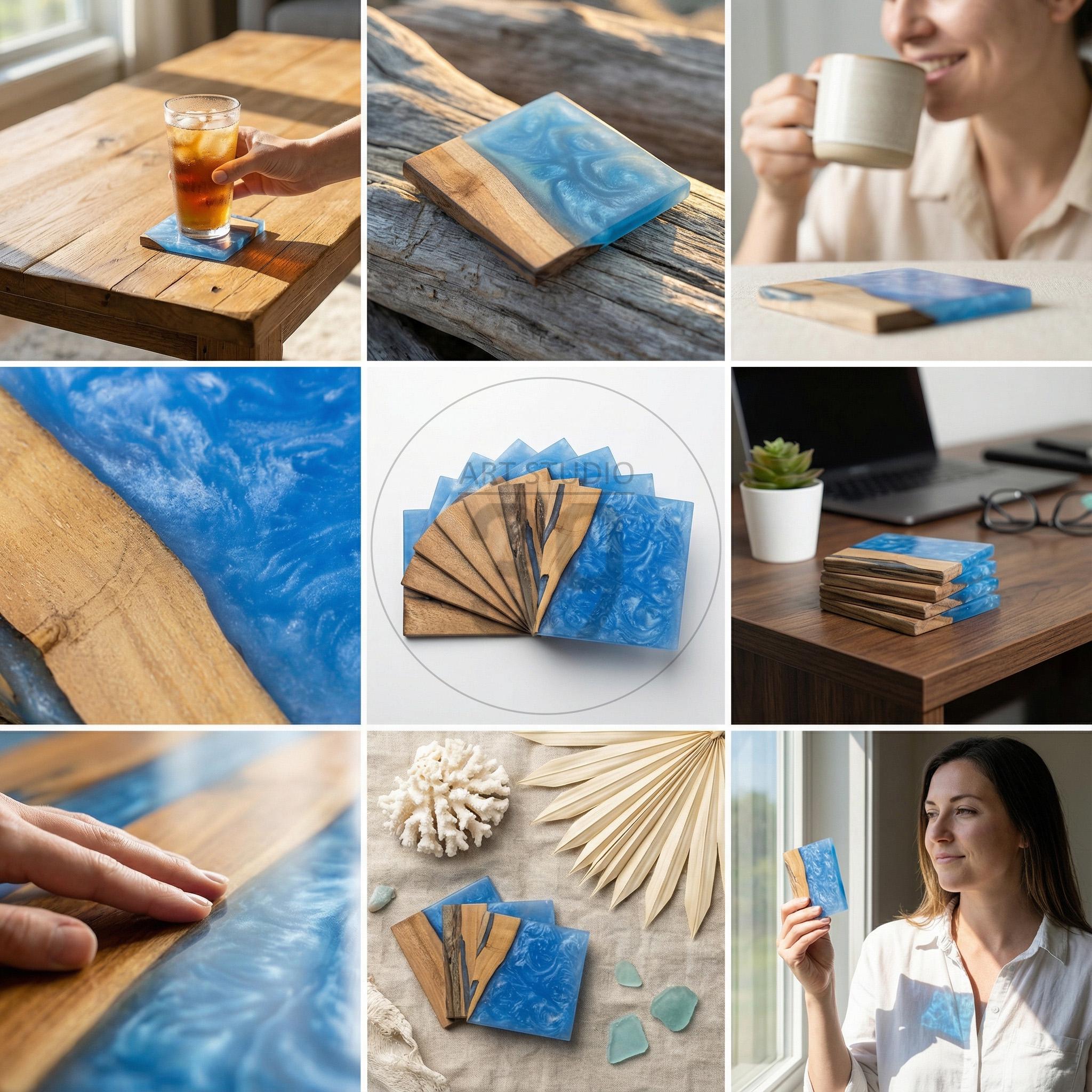 Wooden coasters with a blue resin design. The coasters have a rectangular shape with a section of natural wood and a section of blue resin. The resin has a swirling pattern, and the coasters are displayed in various settings.