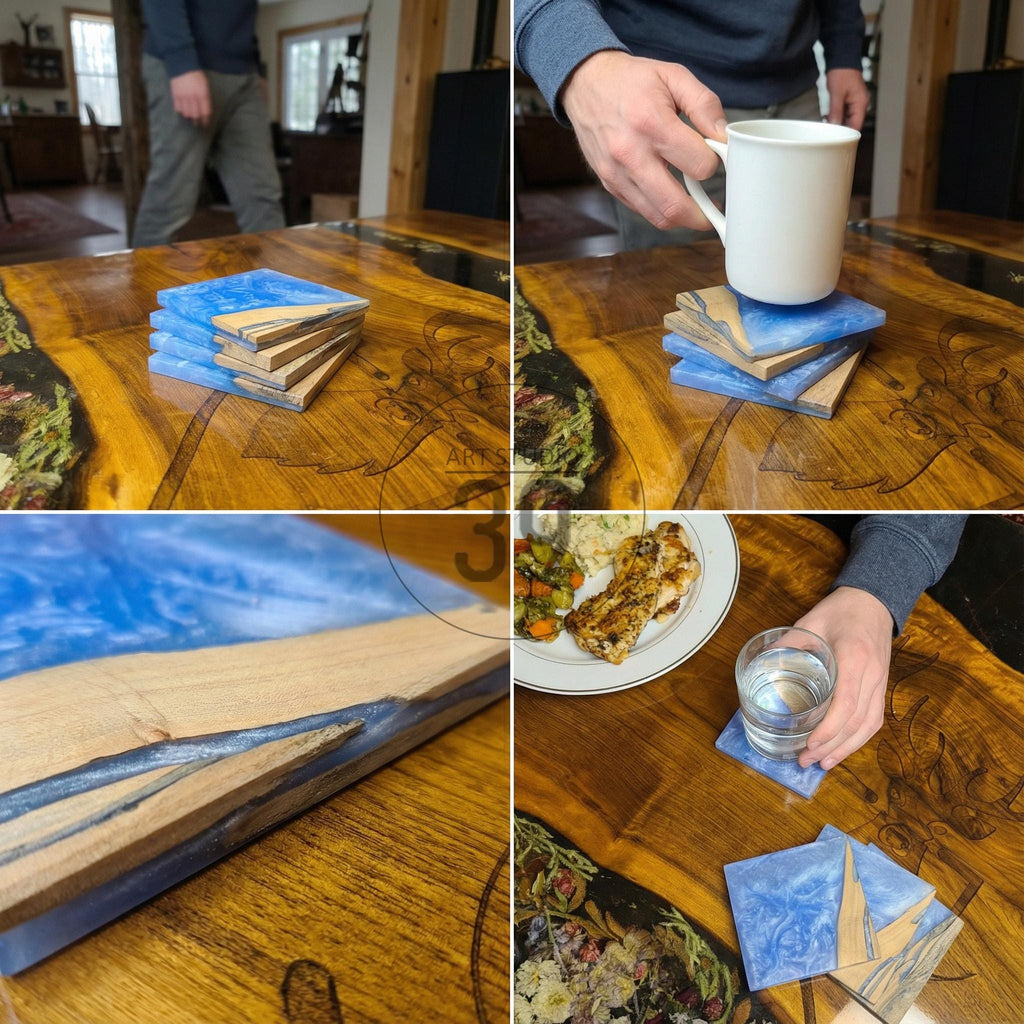 A set of square coasters with a blue resin design and wooden edges. The coasters are stacked on a wooden table. The coasters are approximately 4 inches square.