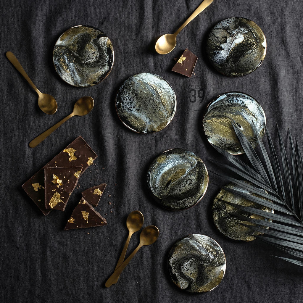 An overhead shot features several round coasters with a black, white, and gold marbled design. Gold spoons and pieces of chocolate with gold leaf accents are scattered around the coasters. The number 39 is visible.