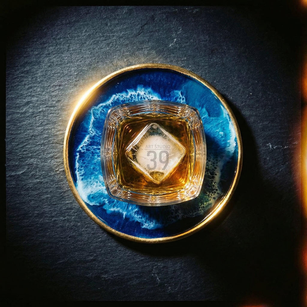 A square glass with a diamond-shaped ice cube inside, resting on a blue and gold decorative coaster. The ice cube has the number 39 and the words "ART STUDIO" printed on it. The coaster has a blue wave design.