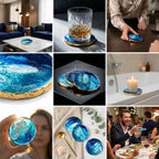 Round blue and gold coasters with a marbled design. The coasters have a gold trim and are made of a resin material. The coasters are shown in various settings, including a living room, bathroom, and dining table.