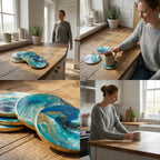 A set of round coasters with a blue, teal, and gold abstract design. The coasters have a glossy finish and a gold-colored edge. The coasters are displayed on a wooden surface.