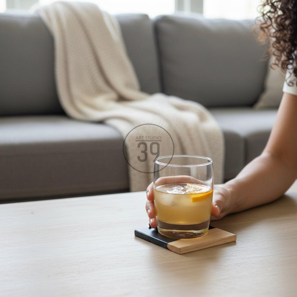Handmade Walnut & Black Resin Coaster Set, Personalized Wooden Coasters